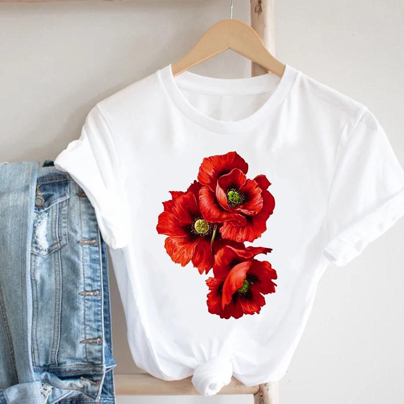 (European Size) 90s Flower Spring Short Sleeve Tee Top Fashion T-shirt Clothing  90s Casual Women Print Summer Lady Female Graphic T-shirt