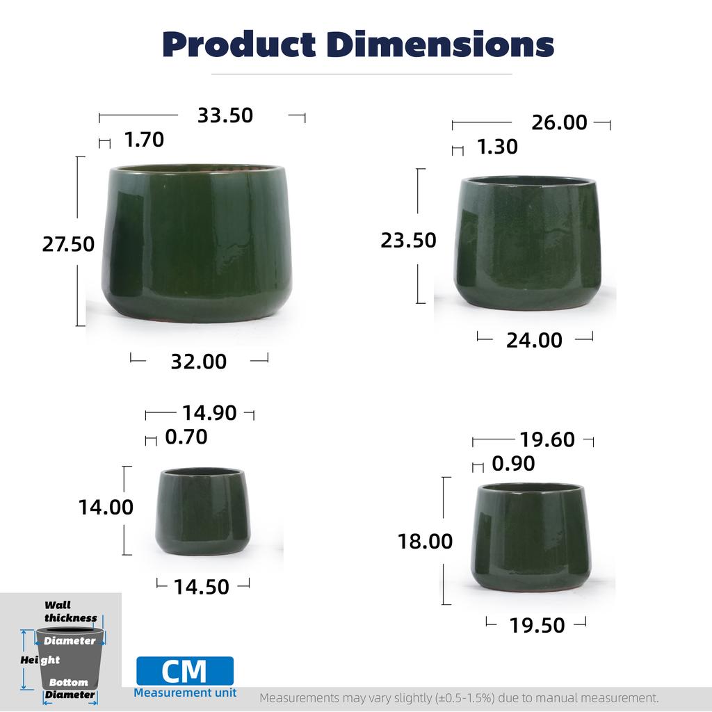Handmade Ceramic Plant Pot Set 4-Piece (33/26/20/15 cm), Glossy Dark Green Glaze, Breathable, Frost-Resistant, Drainage Holes for Garden & Balcony