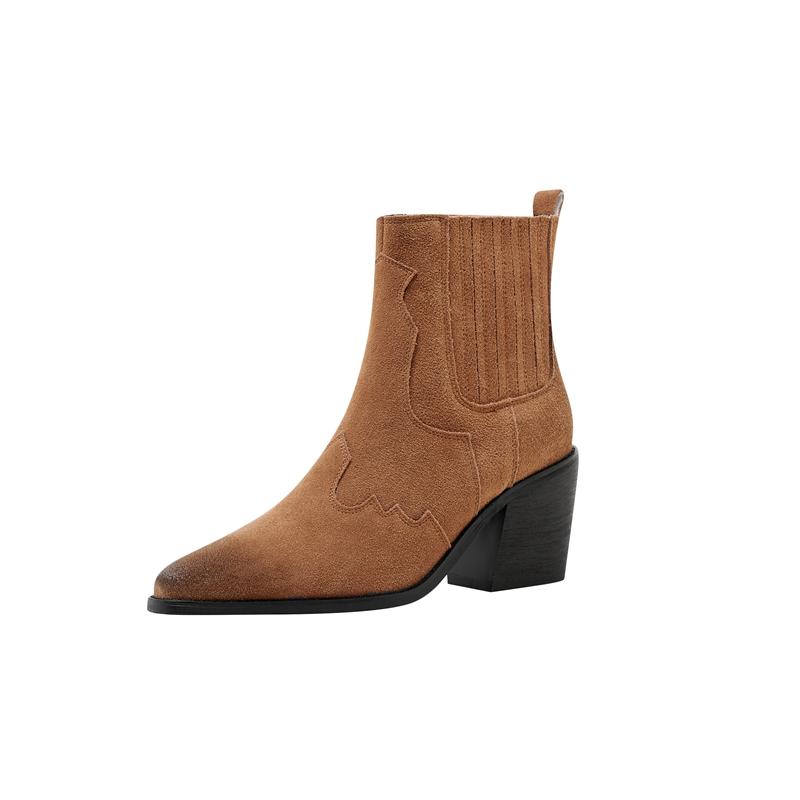 Fashion Kaky's New Cowhide Thick High Heel Pointed Large Women's Shoes Short Boots