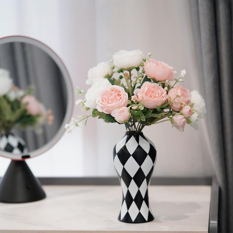 Black And White Vase Aesthetic Vase Checkered Resin Craft Flower Container Waterproof Decorative For Room Table Centerpieces