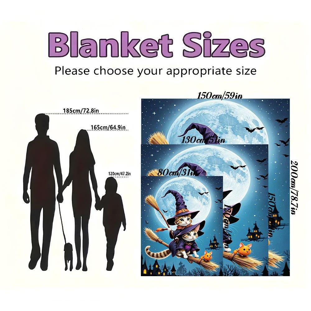 Halloween Witch Cats on Broomstick Wall Art PrintBlanket Flannel Throw Blanket for Sofa, Bed, Travel, Camping, Office, Couch, Chair