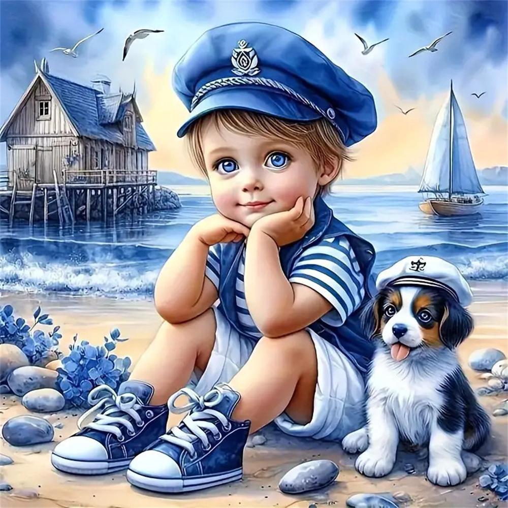 5d Diy Diamond Painting Girl Dog Portrait Diamond Embroidery Seaside Full Round Drill Cross Stitch Kits Gift