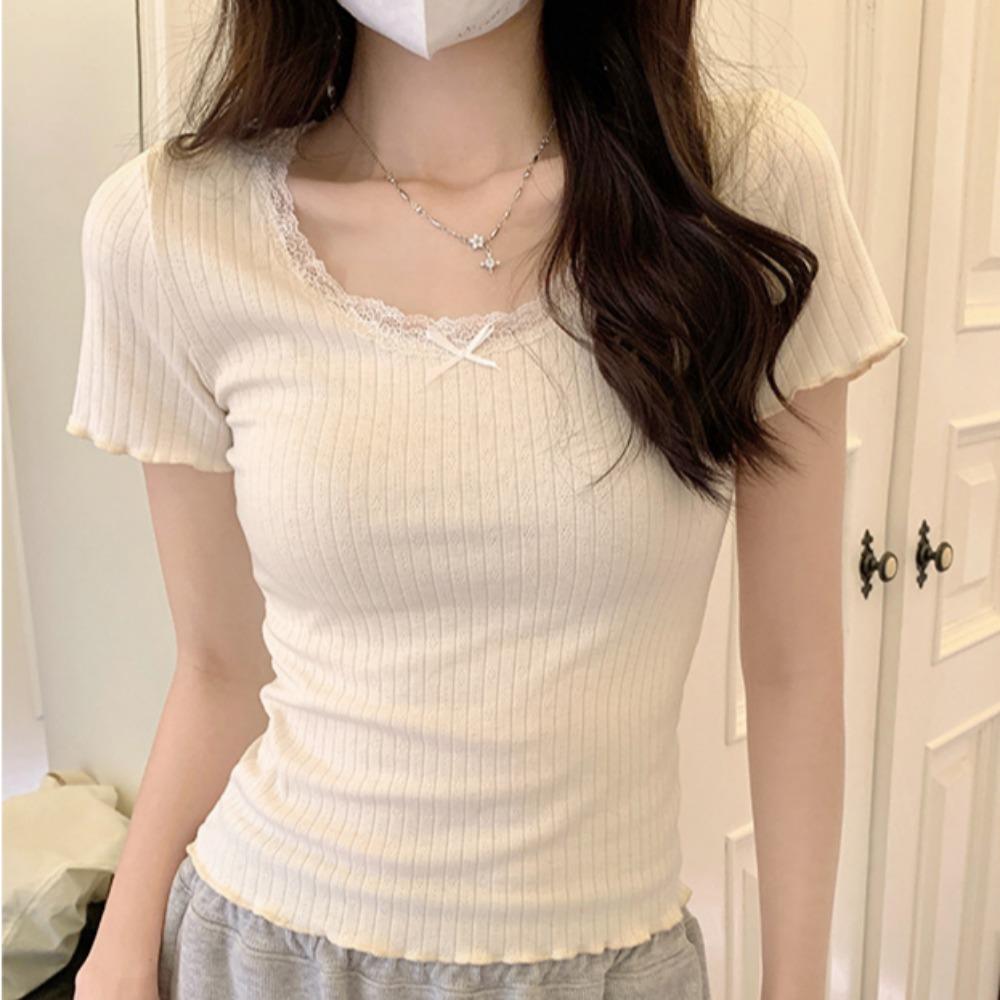 GMXIA Women's Pure Desire Wind Bow Short Sleeve T-shirt Women Sweet and Spicy Inner Bottom Top