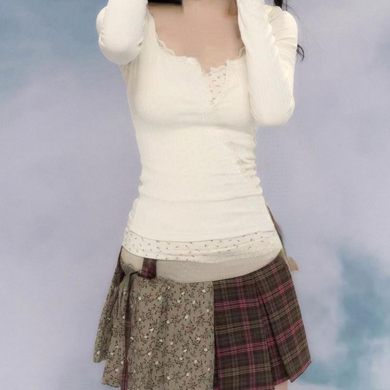 Fashion Simple White T-Shirts Mori Girl O-Neck Crop Top Gyaru Long Sleeve Slim Casual Tees Gyaru 2000s Aesthetic Autumn Winter