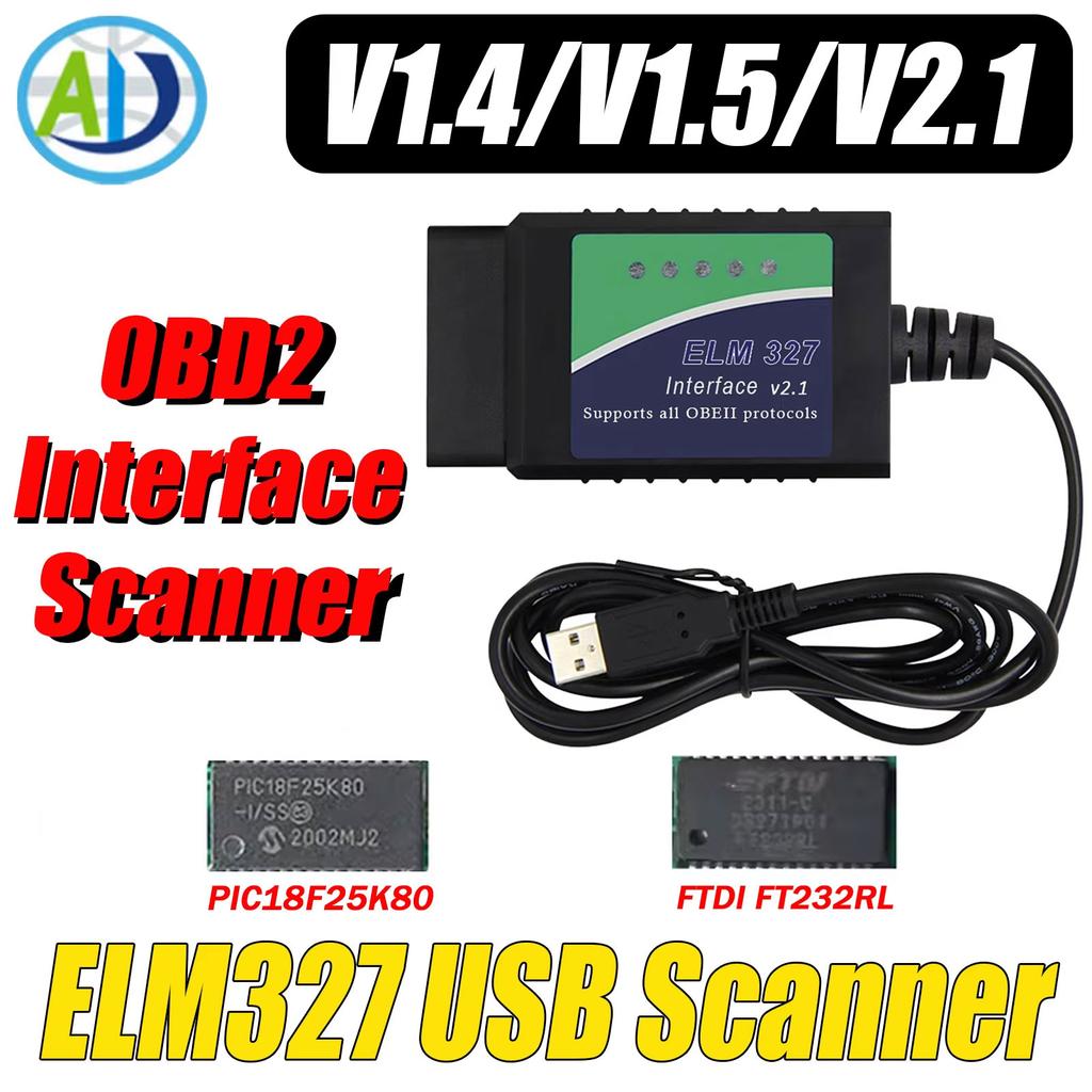 ELM327 USB V1.4/1.5/2.1 Oryginalny PIC18F25K80 FTDI FT232RL Narzędzie diagnostyczne OBD2 Dla ScanTool/MultiEcuScan Skaner interfejsu OBD2
