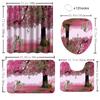 1/4 Pink Tree Shower Curtains, Toilet Seat Decoration, Shower Curtain With Carpet And Toilet Lid, 12 70.8X70.8 Inch Hooks