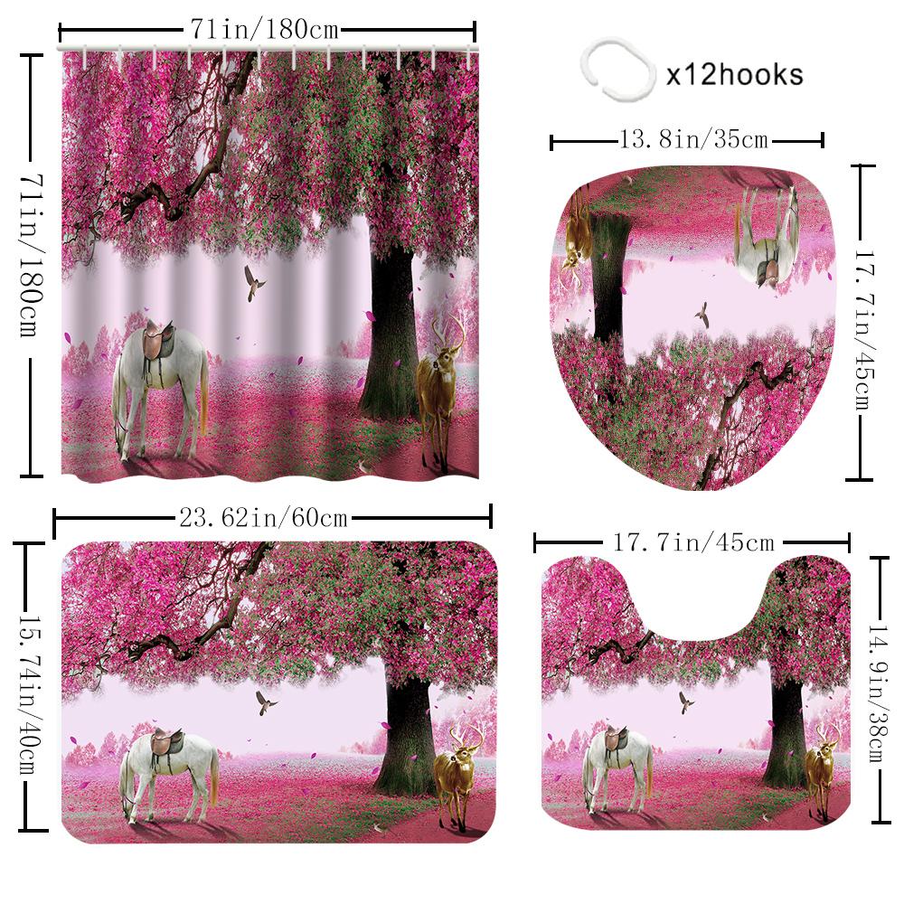 1/4 Pink Tree Shower Curtains, Toilet Seat Decoration, Shower Curtain With Carpet And Toilet Lid, 12 70.8X70.8 Inch Hooks