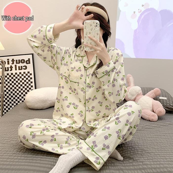 2024 Cute Spring/Autumn Women's Crepe Pajama Set with Chest Pad, Lapel Cardigan, Long-Sleeved Top, and Trousers.