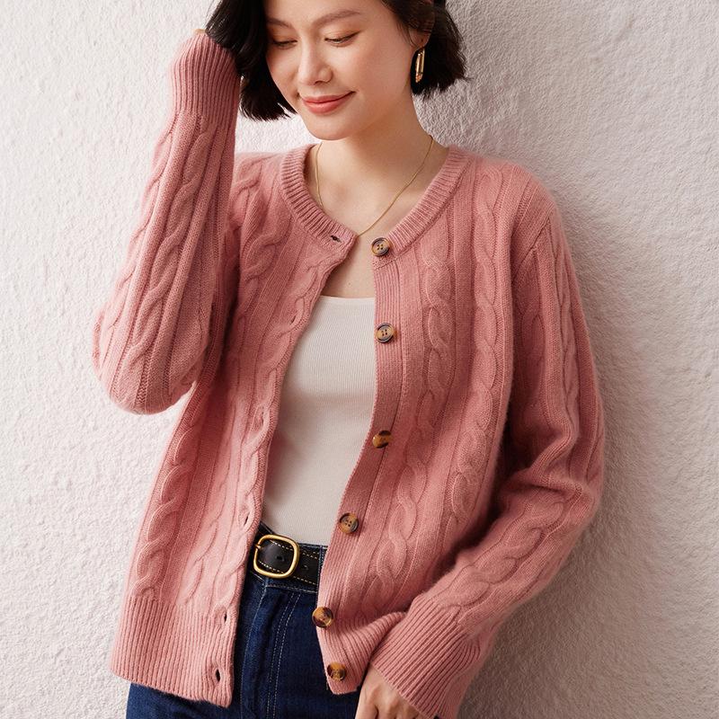 Women's Thick Cable Knit Cashmere Cardigan - Autumn/Winter Round Neck Loose Knitwear Jacket