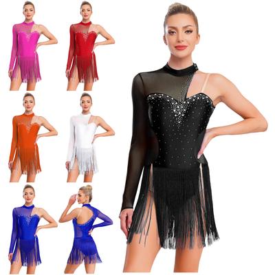 Womens Latin Tango Dance Costume Sheer Mesh Patchwork Cutout Back Sparkling Rhinestones Asymmetrical Fringed Dress