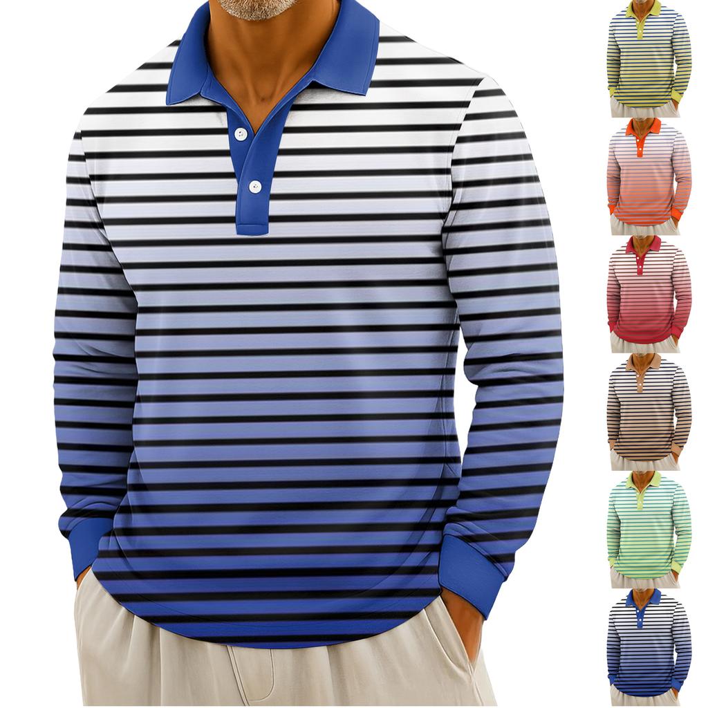 Men's Casual Striped Print Button-Up Long-Sleeve Tops