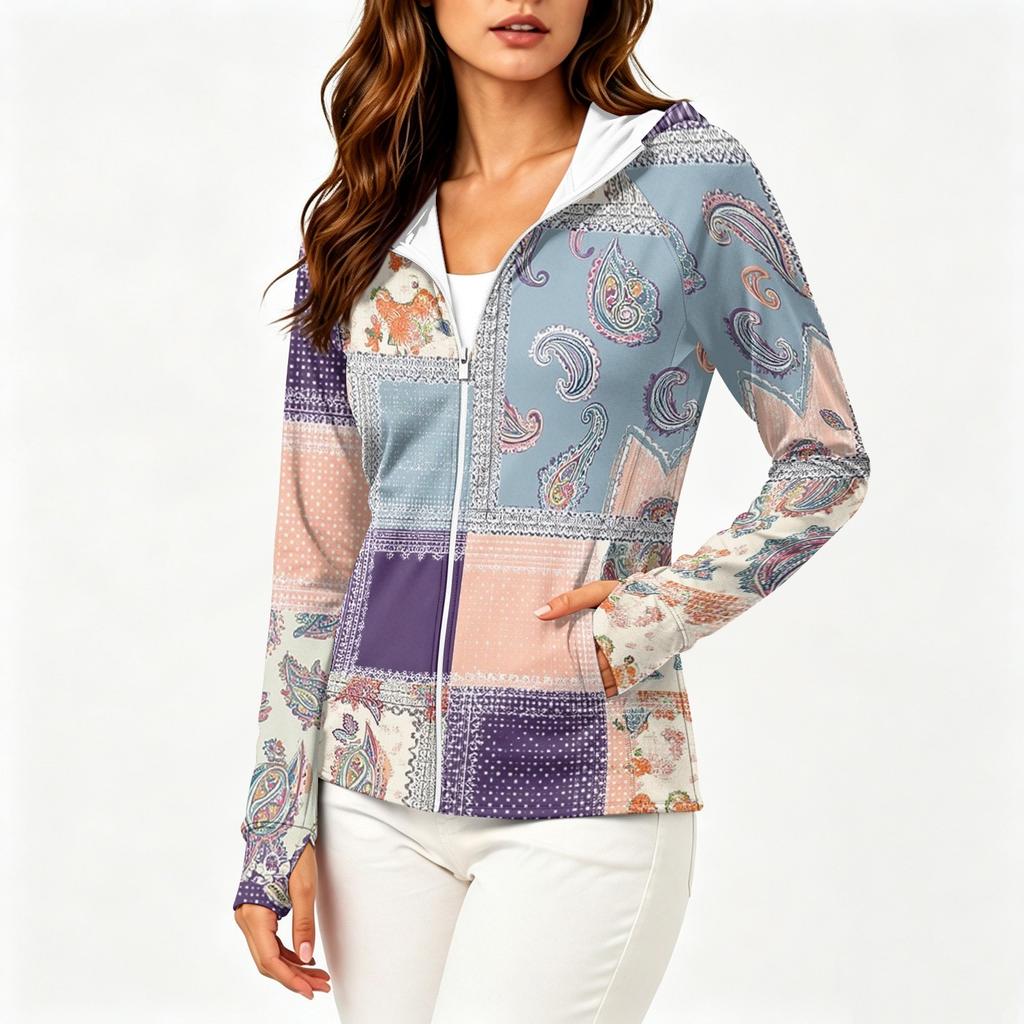 Women's Zip Up Hoodie Lightweight Long Sleeve Hooded Jacket with Pockets Floral Print Sun Protection Outerwear