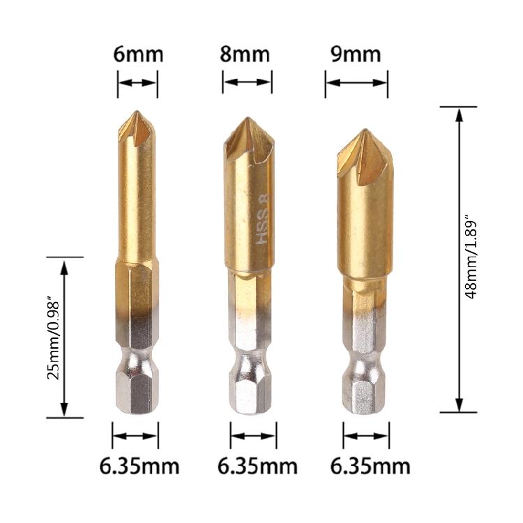 Countersink Drill Bits Center Punch Set 3 Pcs 1/4'' Hex Shank HSS 5 Flutes 90°