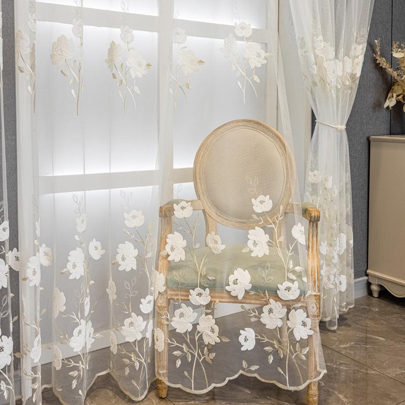 Elegant Floral Sheer Curtain - Pastoral Embroidery, Semi-Transparent with Delicate Flower Clusters, Rod Pocket Design for Bedroom & Living Room Decor