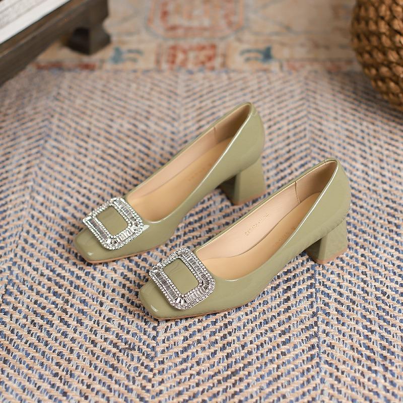 8-Mary Jane shoes women's head patent leather medium heel rhinestone square buckle shoes women's shallow thick heel single shoes autumn