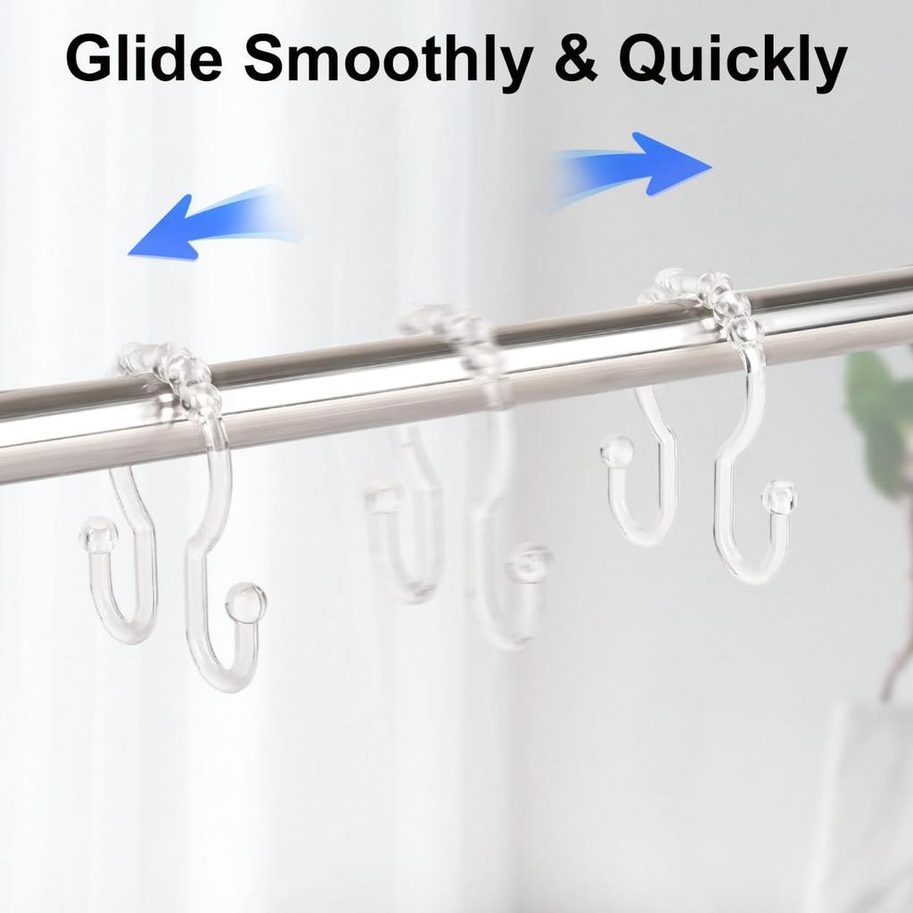 Shower Curtain Hooks, 12 Pcs Clear Shower Curtain Rings, Plastic Glide Roller Shower Hooks, Rust Proof Anti-Drop Shower Rings, Smooth Sliding Double