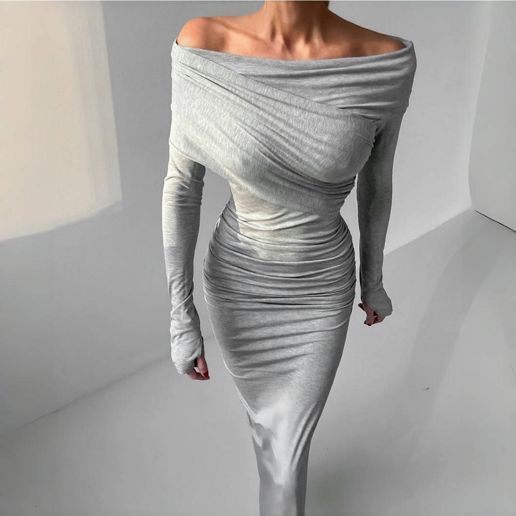 LYRIA Elegant Fashion Sexy Maxi Dresses Streetwear Off Shoulder Casual  Long Sleeve Slim Bodycon Party Vestidos Robes Female