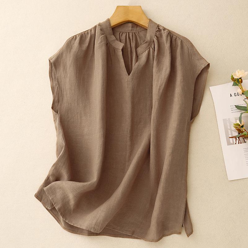 

Summer Linen V-Neck Light Cool Loose Short-Sleeved Shirt XXL хакі