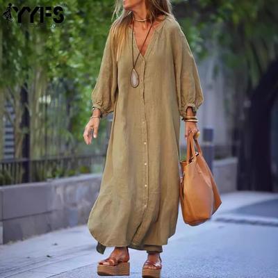 Damenmode Sommer Frühling Einfarbig Druck 3/4 Ärmel V-Ausschnitt Lockere Taille Freizeitkleider