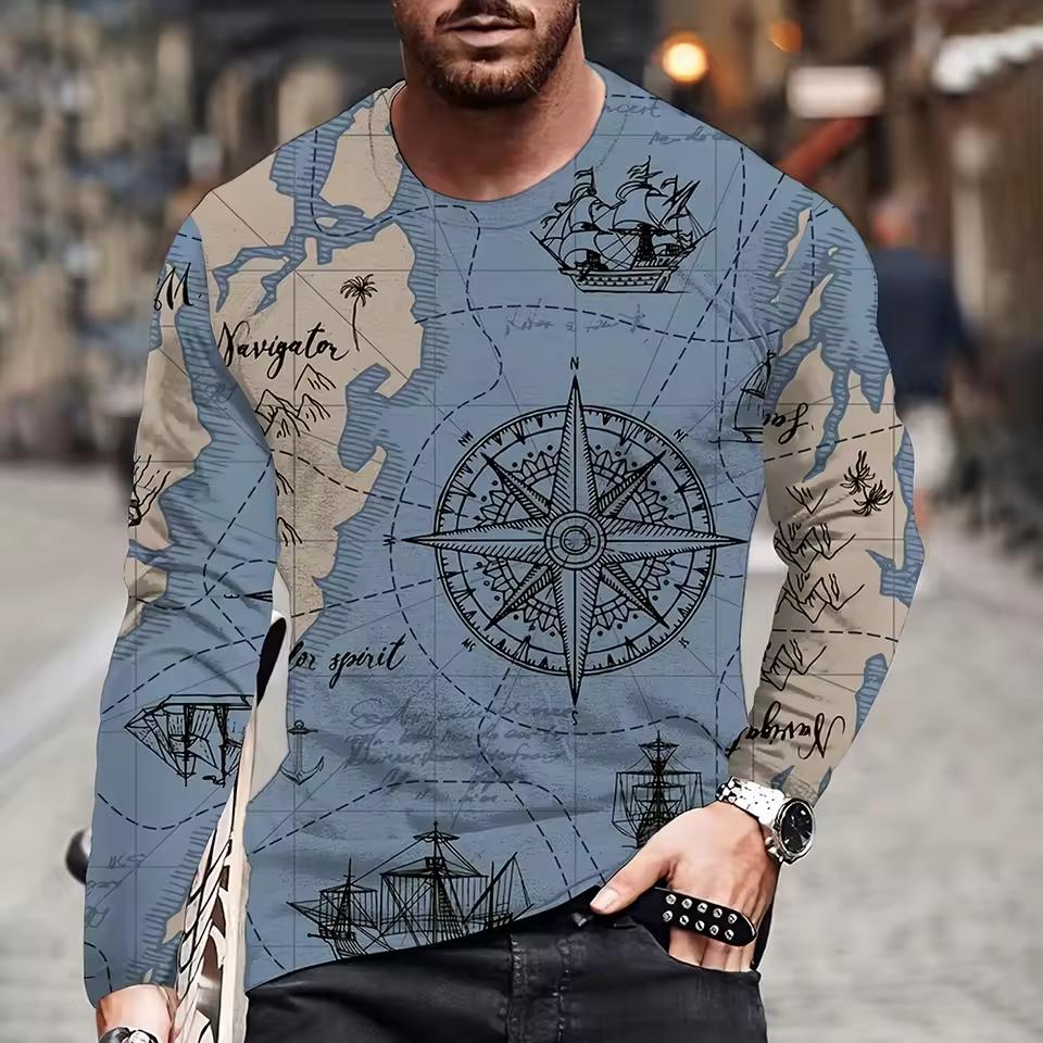 Vintage Men's Long Sleeves T Shirt Fashion Cross Pattern Long Sleeve 3D Clothing Nautical Map Print Street Harajuku Oversized