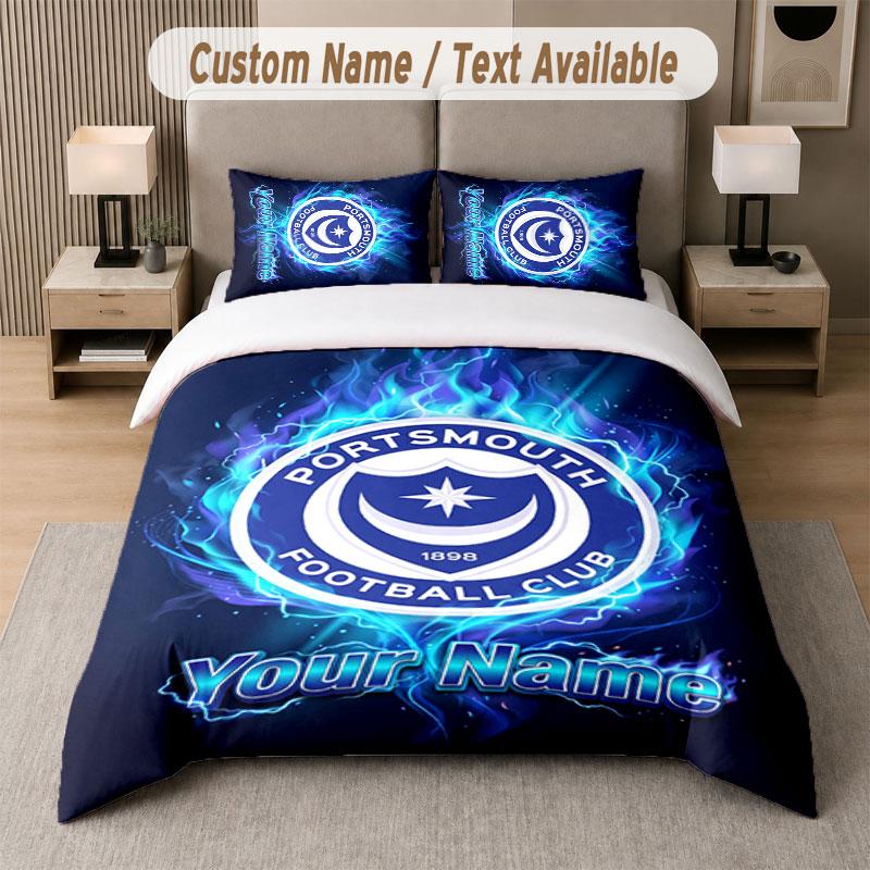Custom Bedding Set Portsmouth FC Pattern, Print Name Text 1 Duvet Cover Plus 2 Pillowcases Home Textile
