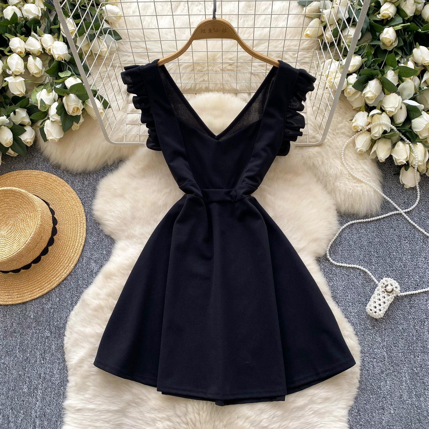 

Летние женские мини-короткие сексуальные платья для вечеринок с V-образным вырезом и рукавами-крылышками L чёрный