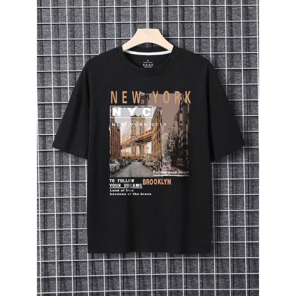 Street View Of Brooklyn, New York Men Clothing Oversized High Quality Streetwear Fashion Cotton Tops Casual Loose T-Shirt
