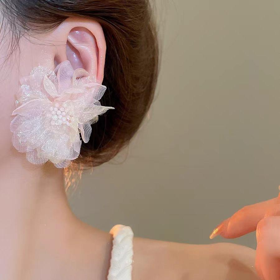 Earrings Gentle Earrings Pink Super Fairy Flower Chiffon Suitable for Spring Mesh Earrings High-end