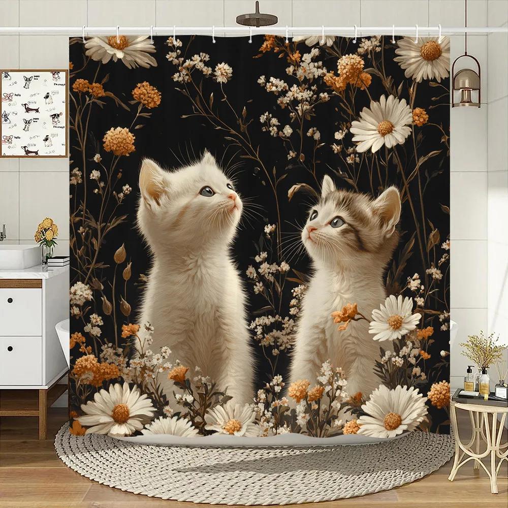 

Милая занавеска для душа в винтажном стиле с кошкой, акварельные цветущие цветы, полиэстеровая ткань, домашние шторы для ванной, декор для ванной комнаты с крючками 90x180cm35x71in