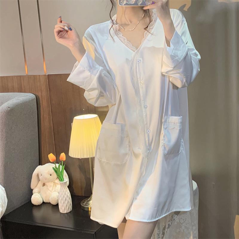 Spring and Autumn thin pajamas women's V-neck lace fashion white shirt medium and long styles can be worn outside sweet ice silk nightgown summer