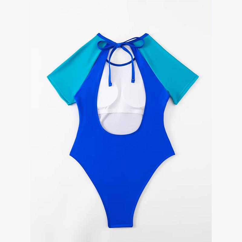 Patchwork Sport Swimwear Women Cut Out Backless One Piece Swimsuit Female Short Sleeve Bathing Suit Beachwear Monokini