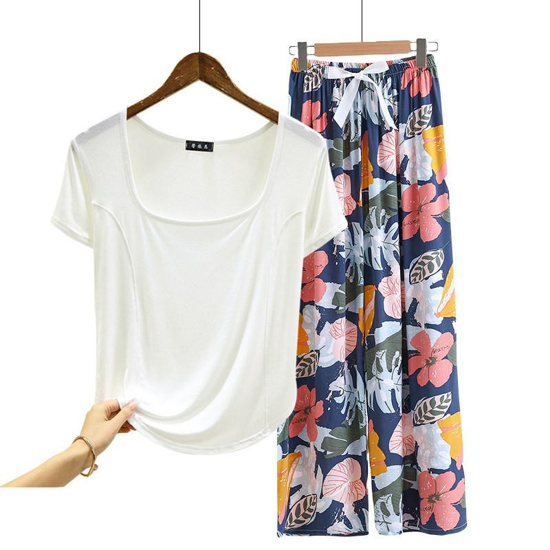 Fashion U Nek Tshirt and Floral Wide leg pants Summer fashion homewear 2pcs suit Loose Casual pajamas set comfort loungewear plus size