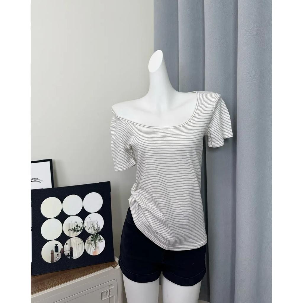 Damen schulterfreies gestreiftes T-Shirt Kurzarm figurbetont Lässig Täglich Oberteil