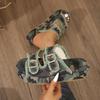 Fashion Camouflage Green Canvas Slide Sandals Woman Chic Fringed Design Buckle Strap Slippers Ladies Cow Print Thick Sole Mule Shoes