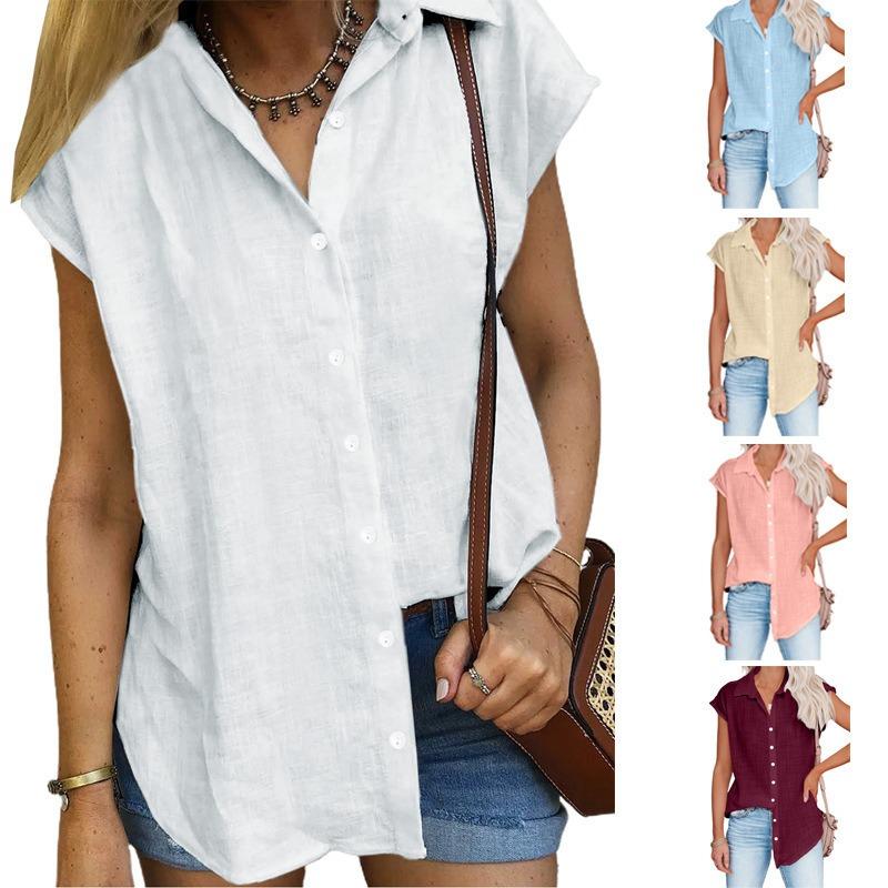 Summer new solid color single-breasted shirt women's casual short-sleeved top
