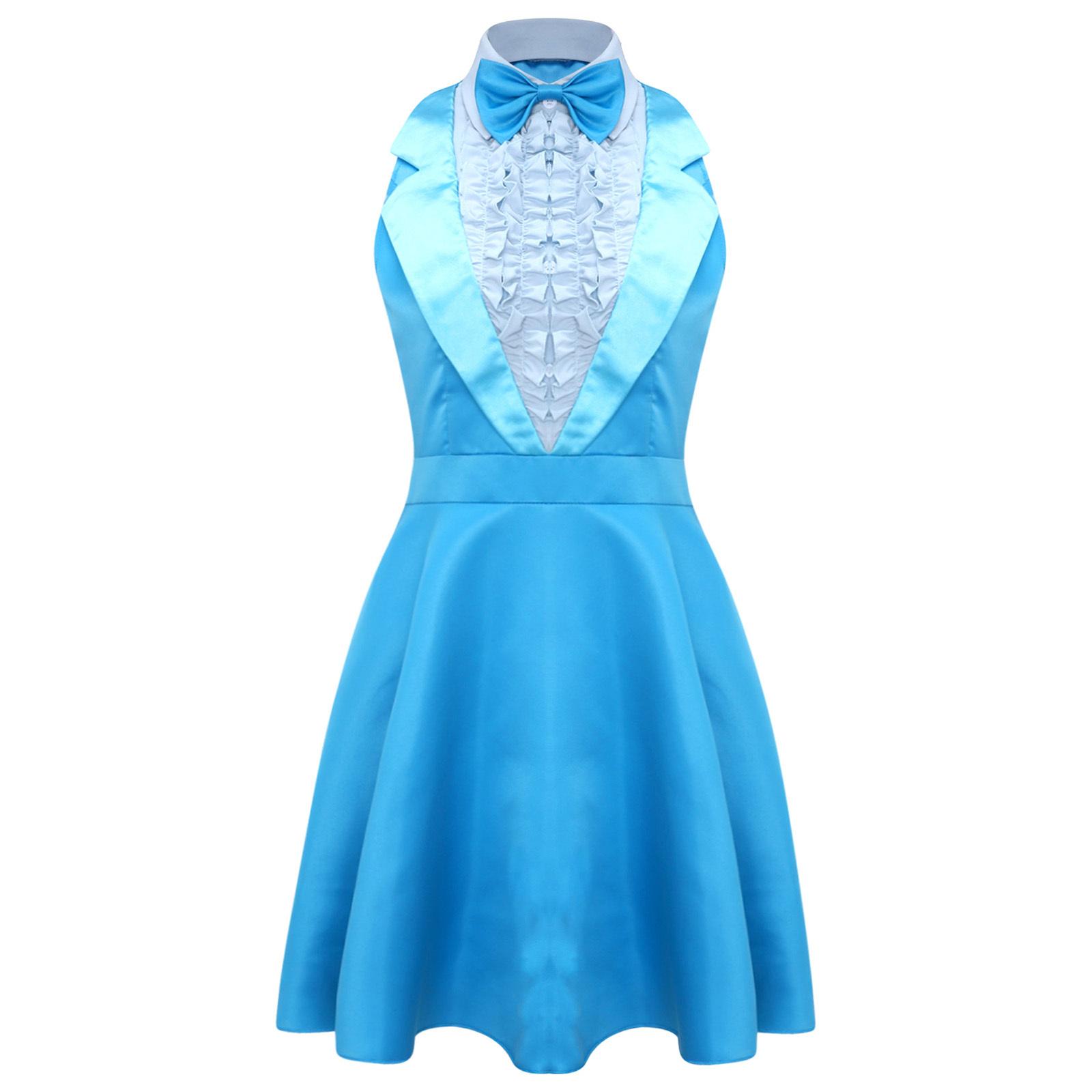 

Womens Retro Cosplay Dress 70s 80s Dumber Design Bowtie Lapel Sleeveless Ruffled Chest A Line Party Dress M синій