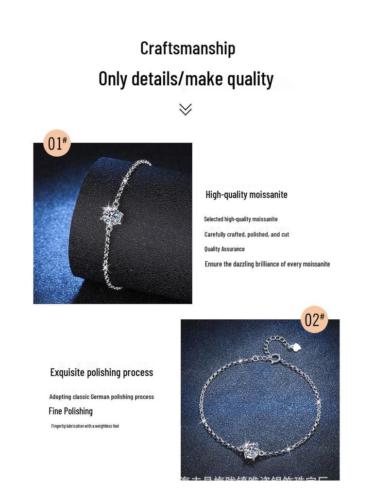 Moissanite 925 Silver Women's Bracelet, Six-Prong INS Style, Light Luxury, Exquisite Craftsmanship.