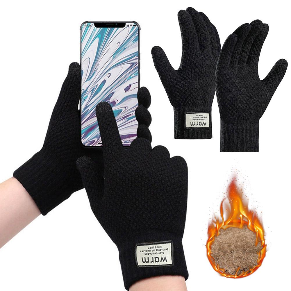 For Men Knitted Thick Solid Fleece Gloves Cold Resistant Touch Screen Thicken Lining Skiing Winter Full Fingered Mittens