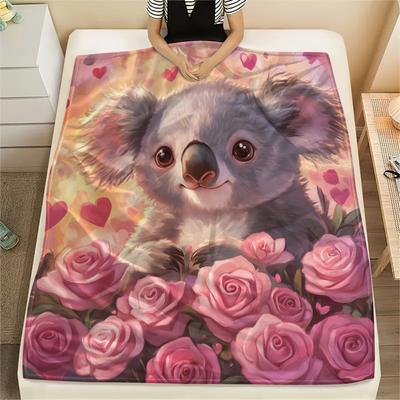 Koala and Roses,pattern Flannel Blanket, High Quality Comfortable for All Seasons, Home Decor, Warmth and Comfort, Perfect for Gifts.