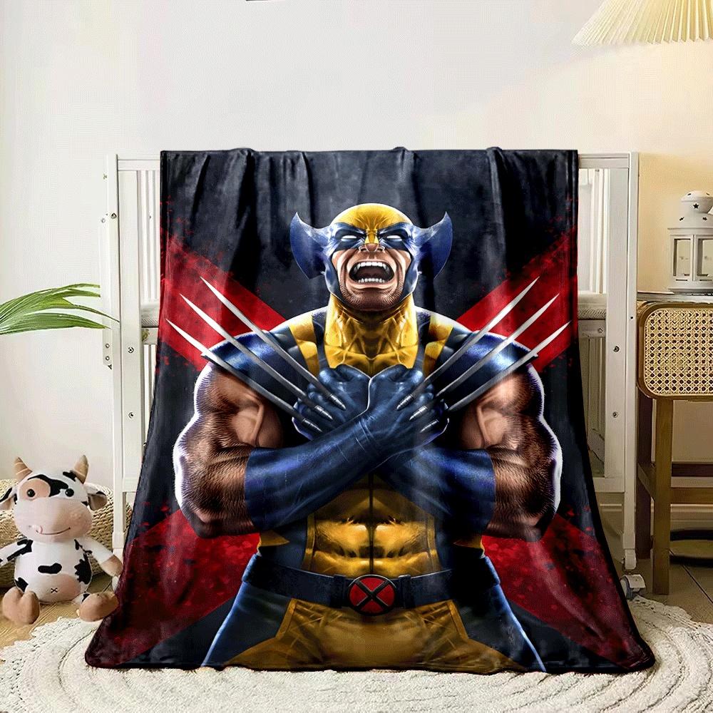 Crossed claws, muscular figure in yellow and blue suit with red X symbol. for all seasons blanket lunch break throw gift