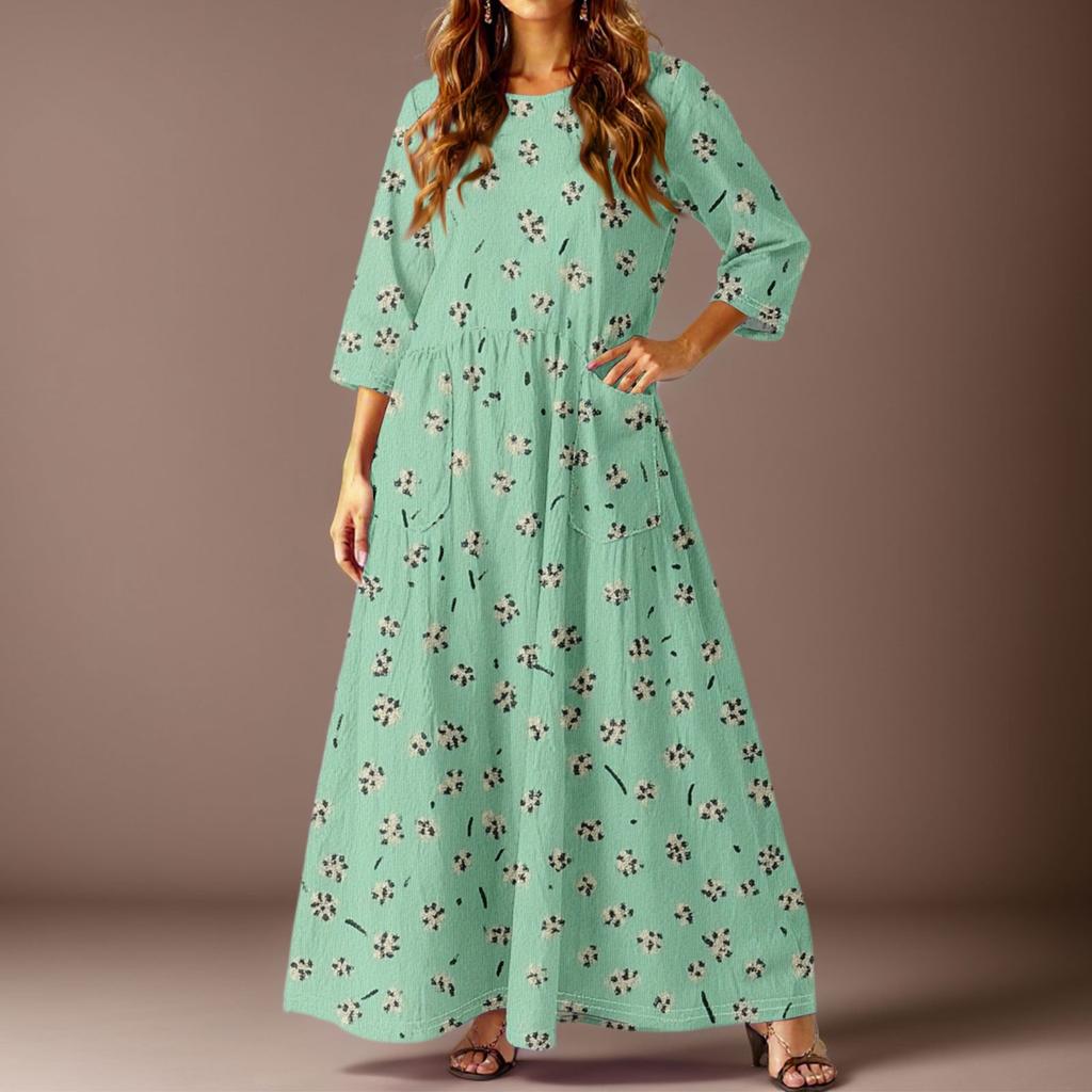 Women's Casual Fashion Floral Print Three-quarter Sleeve Long Dress With Pockets