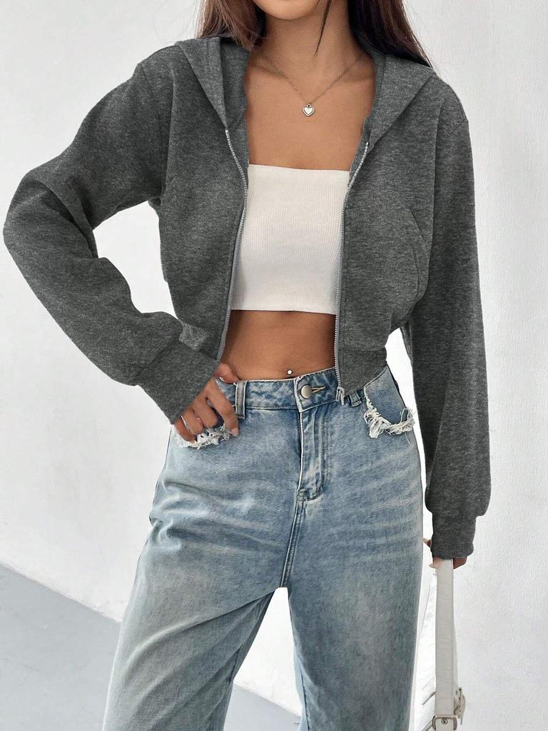 Stylish Short Zip-Up Hooded Sweatshirt with Long Sleeves