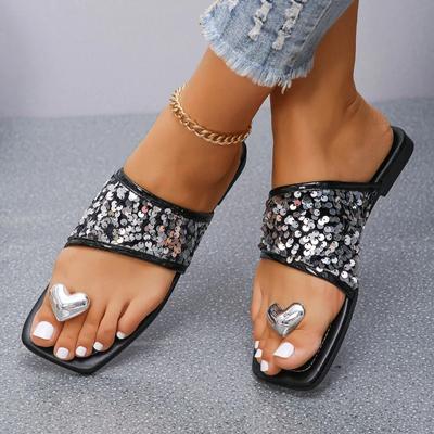 Fashion Ladies Shoes On Sale 2024 New Square Toe Women's Slippers Summer Sequins Solid Solft Sole Light Casual Comfortable Flat Slippers