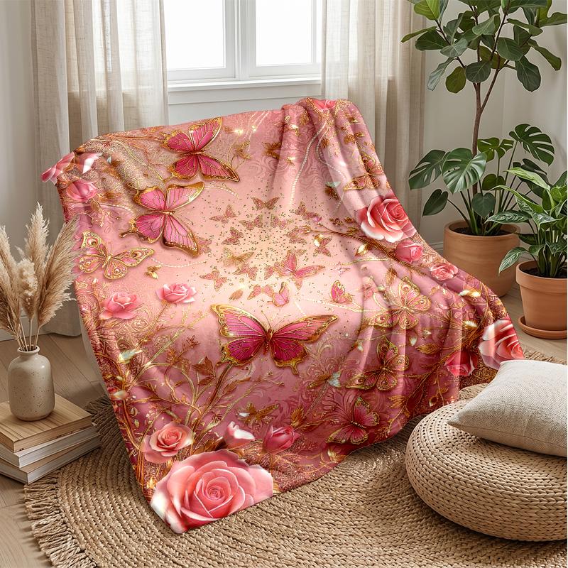 Pink Hibiscus Hearts Pattern Theme blanket Lightweight Warm Flannel Blanket Decorative Throw Blanket for Home Decoration
