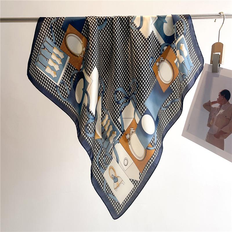 71Cm Travel Thousand Bird Grid Headscarf 71 Square Scarf Silk Scarf X Temperament Scarf Picture Color Matching Simulation Silk Women's Shawl Scarf