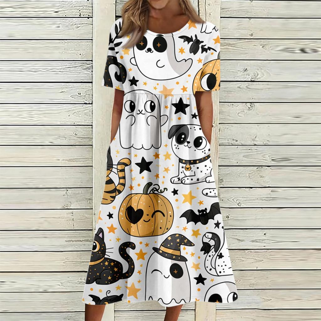 Damen Freizeitkleid mit Halloween-Print, Rundhalsausschnitt und Taschen für Partys