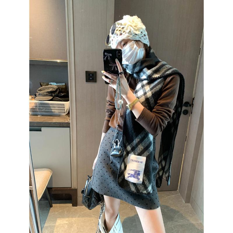 Mochie Big Sister Grey Retro Polka Dot A-line Woolen Skirt MQ1001 M