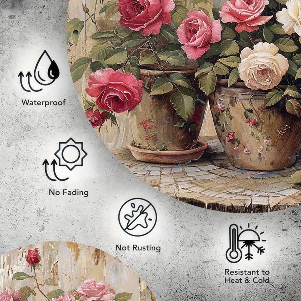 1 Piece 2D Wooden Hanging Sign Potted Rose Theme 8 Inch Round Sign Home Bar Garage Cafe Garden Decoration