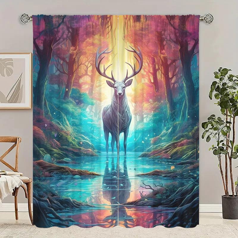 

2Pcs- Colored Deer - Printed curtains, Polyester semi-transparent curtains -100% polyester material, home decor 29Wx64L(75x166CM)x2