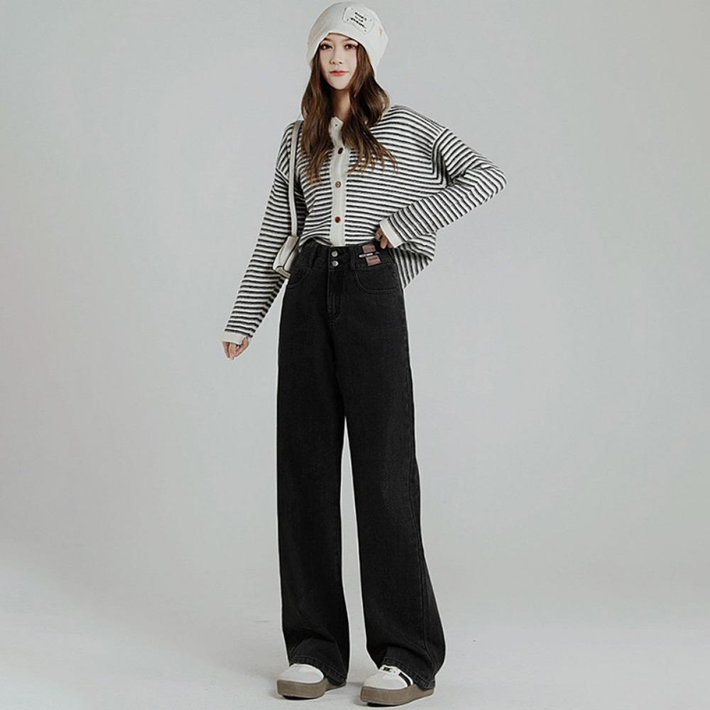 Autumn and winter 2025 double-breasted Spice Girl high-waisted jeans women's drape and thin straight-leg pants design sense niche tide